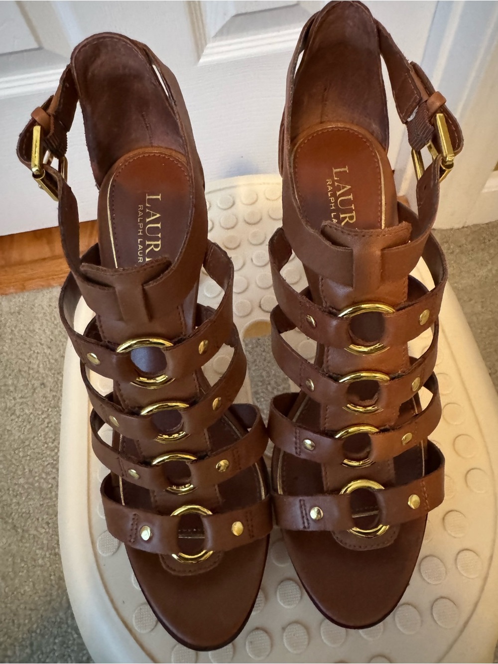 Lauren Ralph Lauren Brown Leather Multi-Strap Gladiator Heels with Gold Rings.